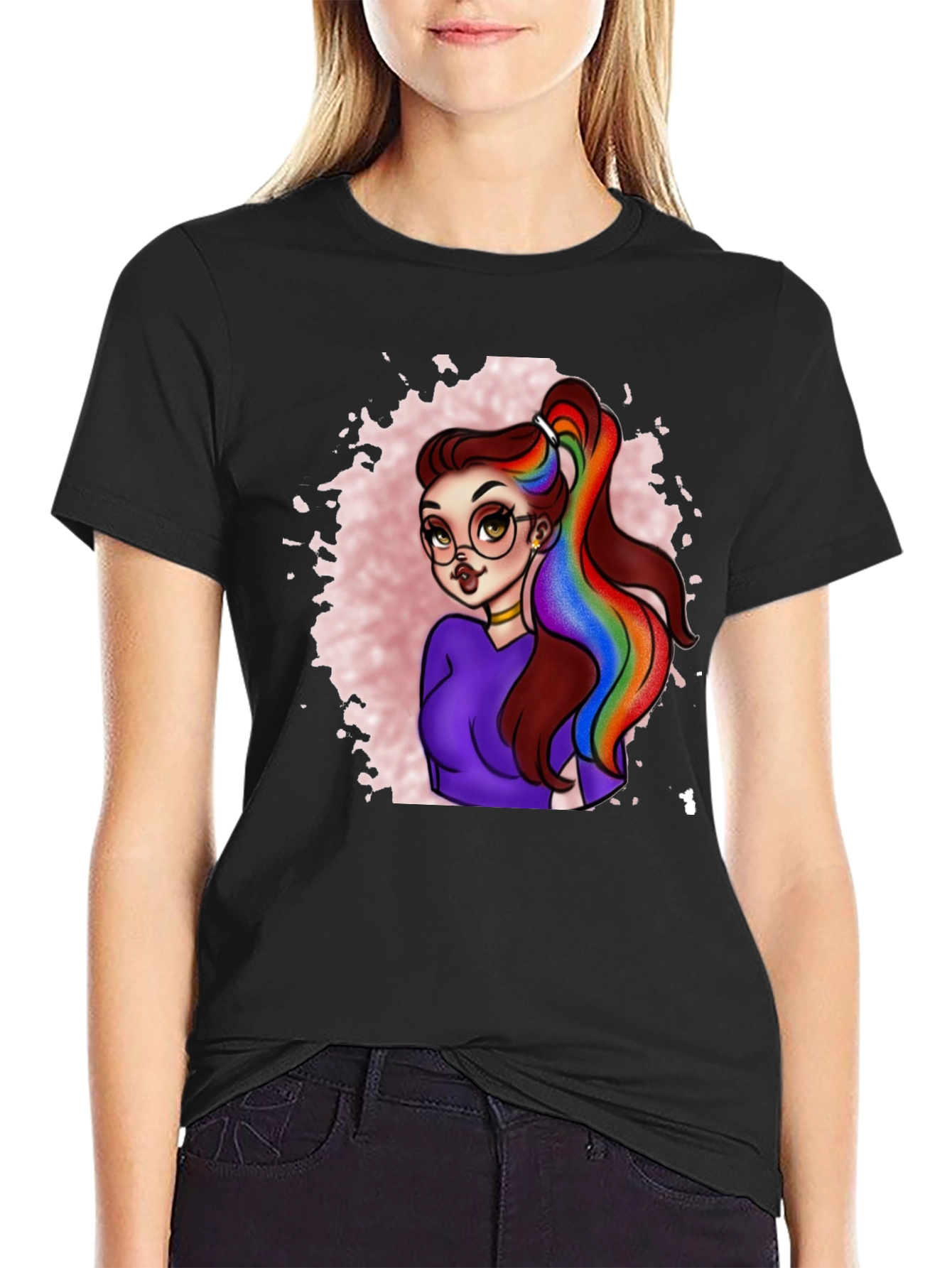 Rainbow Hair Cartoon Graphic T-Shirt