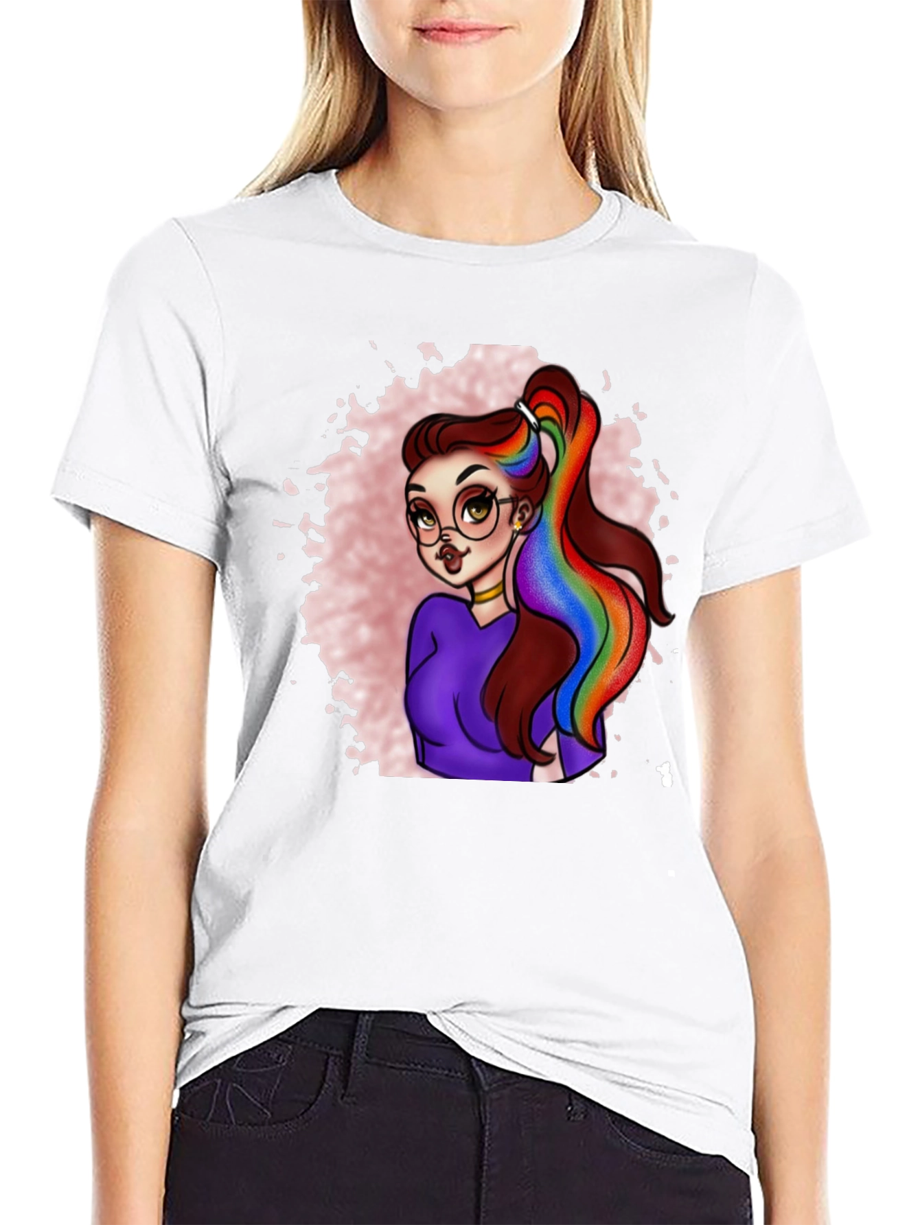 Rainbow Hair Cartoon Graphic T-Shirt
