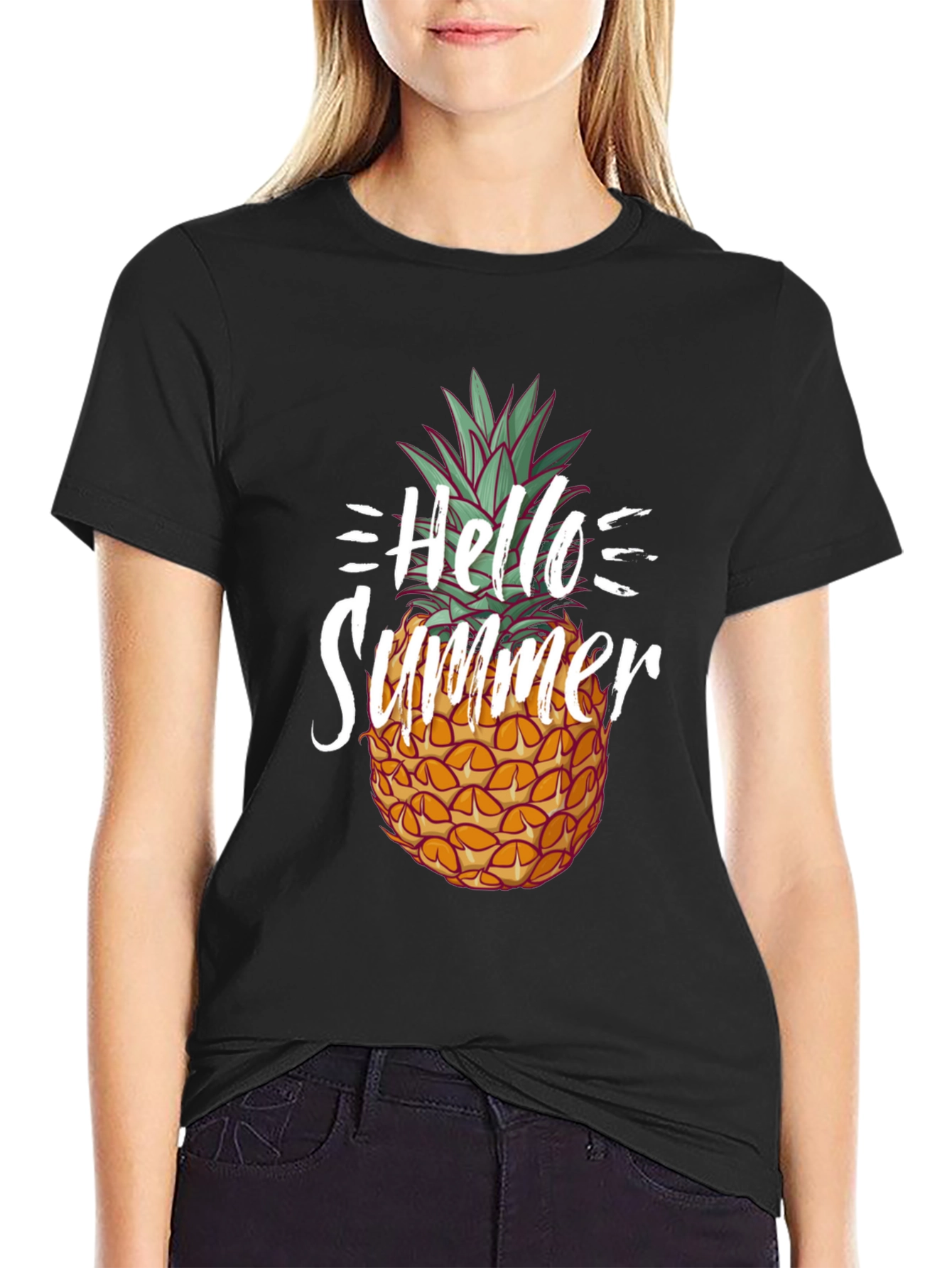 Hello Summer Pineapple Graphic Tee - Black Cotton Shirt