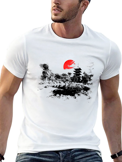 Japanese Sunset Graphic Tee - Black Cotton T-Shirt