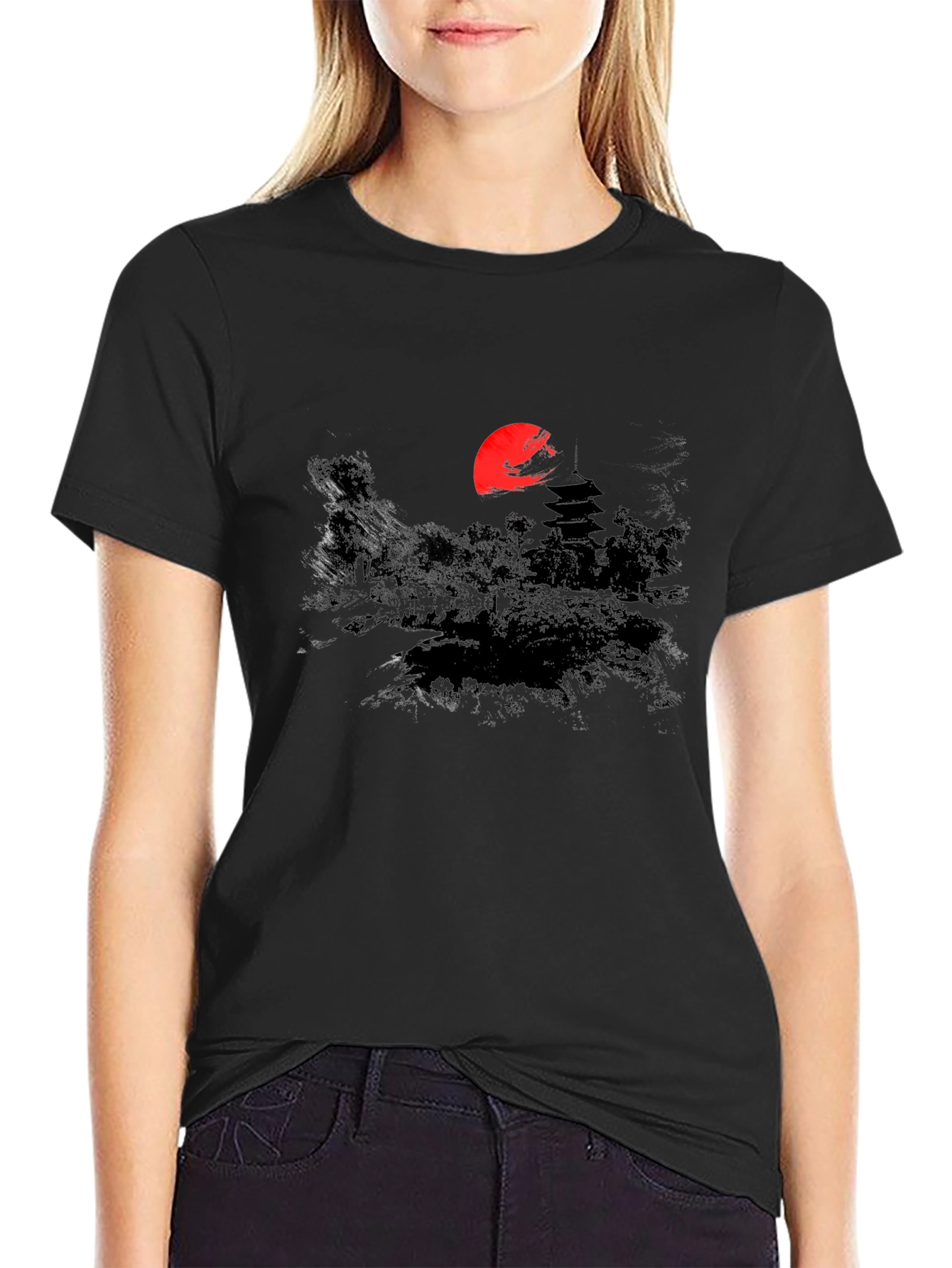 Japanese Sunset Graphic Tee - Black Cotton T-Shirt