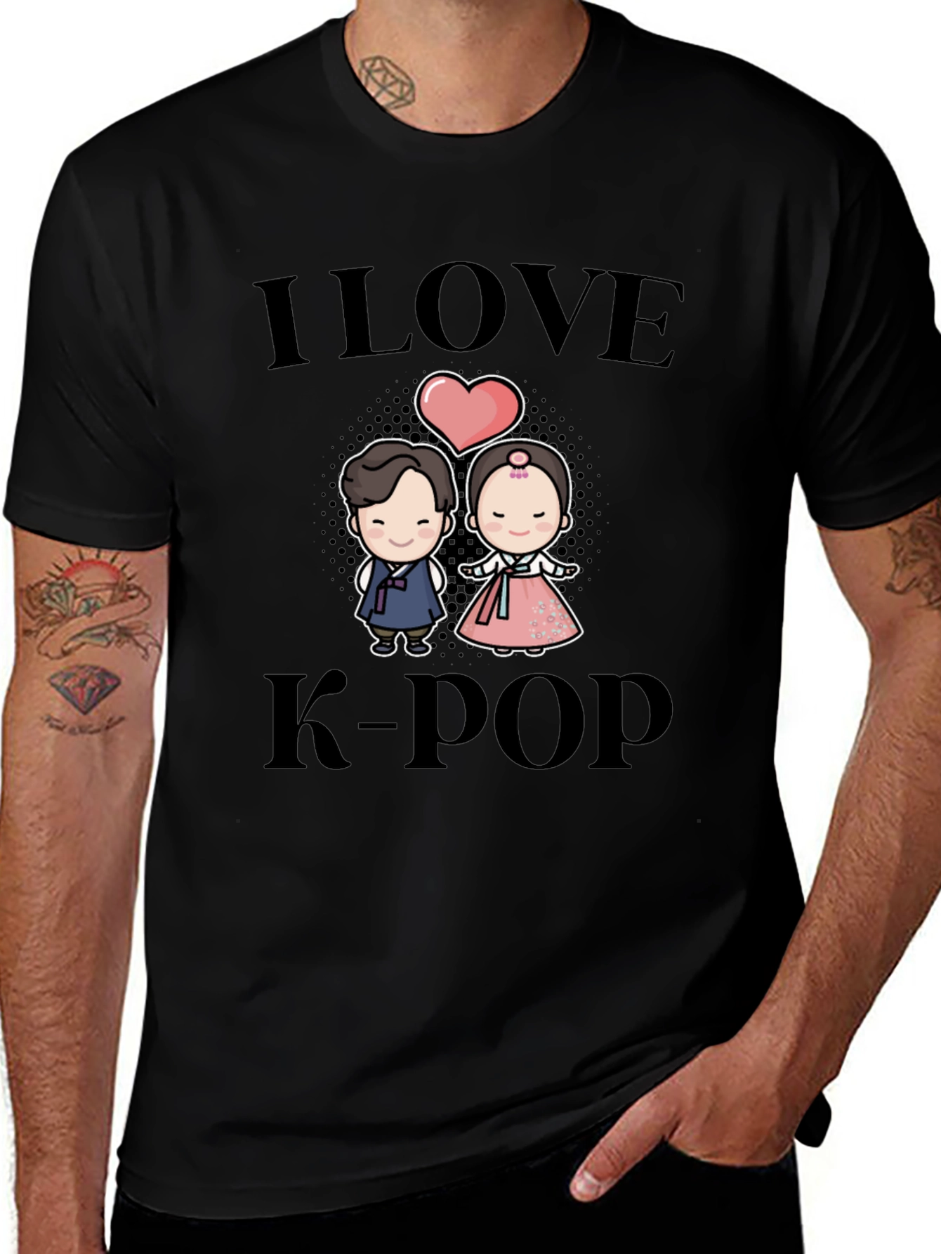 I Love K-Pop Cartoon Couple Black T-Shirt
