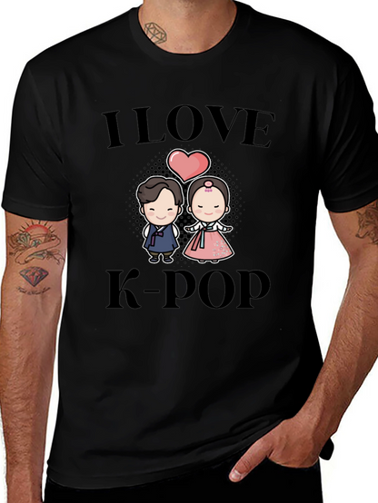 I Love K-Pop Cartoon Couple Black T-Shirt