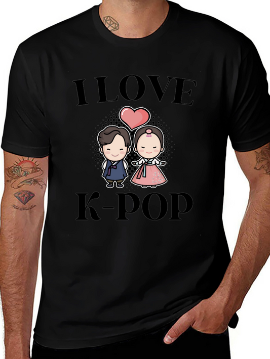 I Love K-Pop Cartoon Couple Black T-Shirt