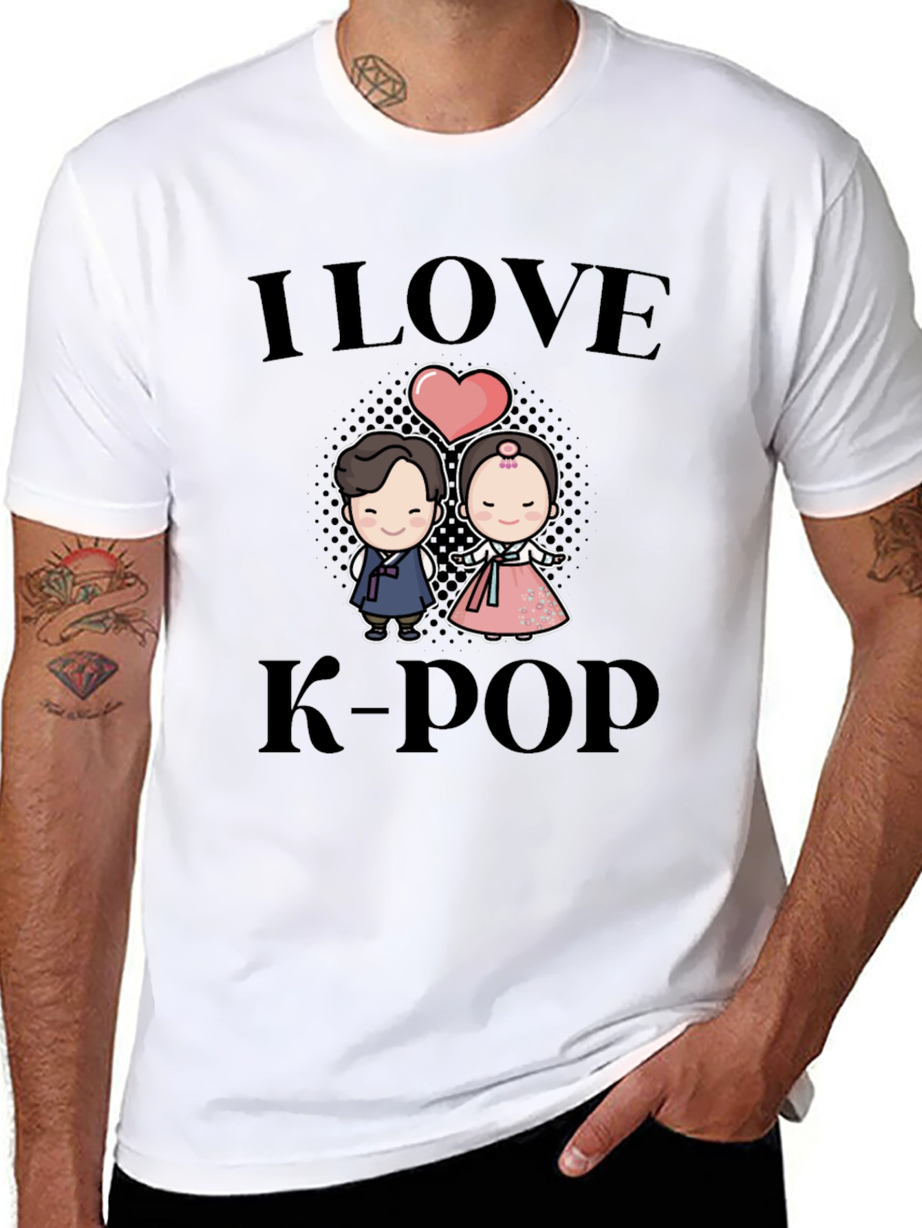 I Love K-Pop Cartoon Couple Black T-Shirt