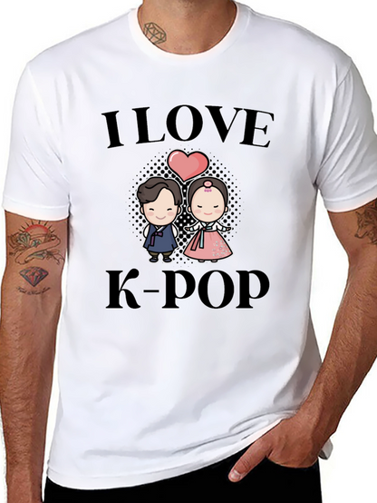 I Love K-Pop Cartoon Couple Black T-Shirt