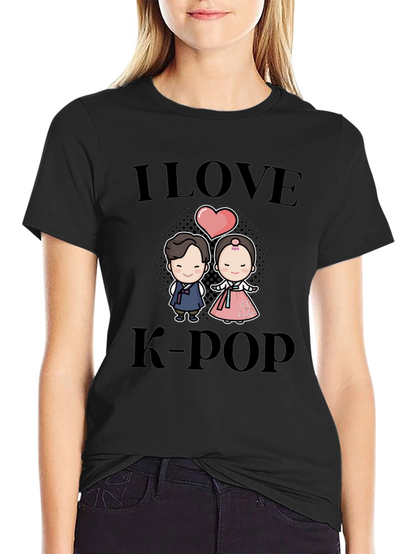 I Love K-Pop Cartoon Couple Black T-Shirt