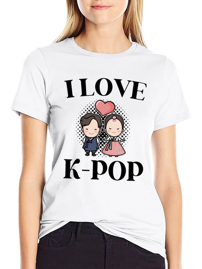 I Love K-Pop Cartoon Couple Black T-Shirt