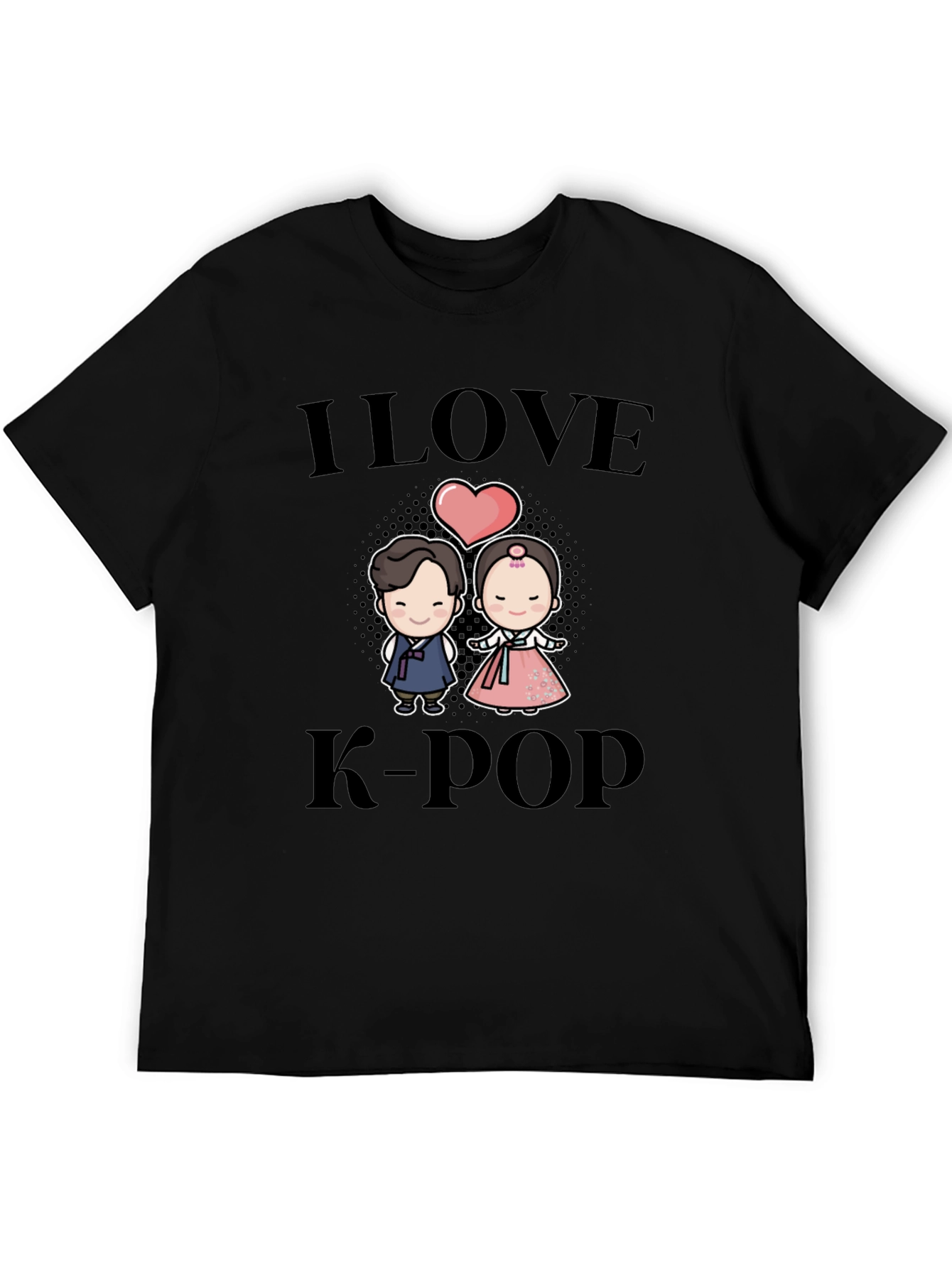 I Love K-Pop Cartoon Couple Black T-Shirt