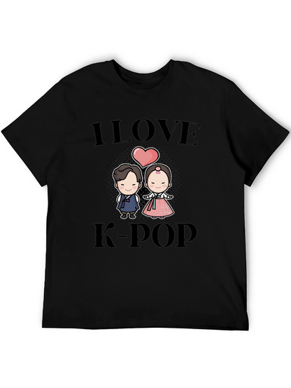 I Love K-Pop Cartoon Couple Black T-Shirt