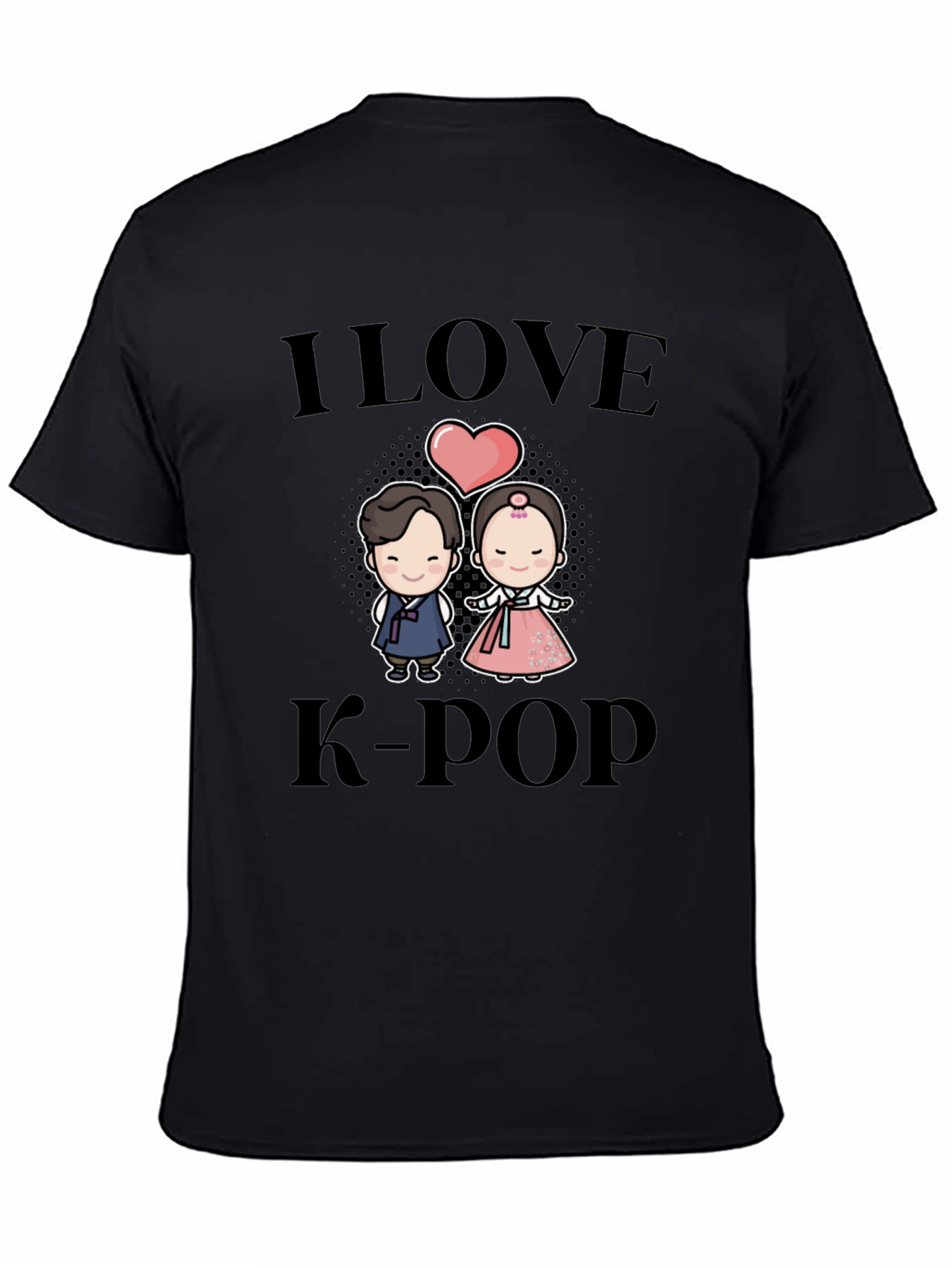 I Love K-Pop Cartoon Couple Black T-Shirt