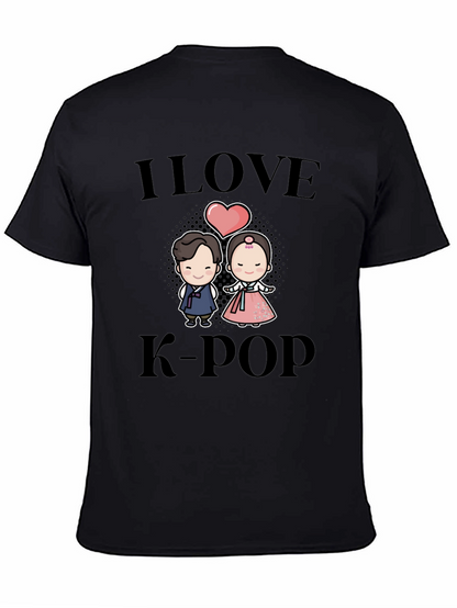 I Love K-Pop Cartoon Couple Black T-Shirt