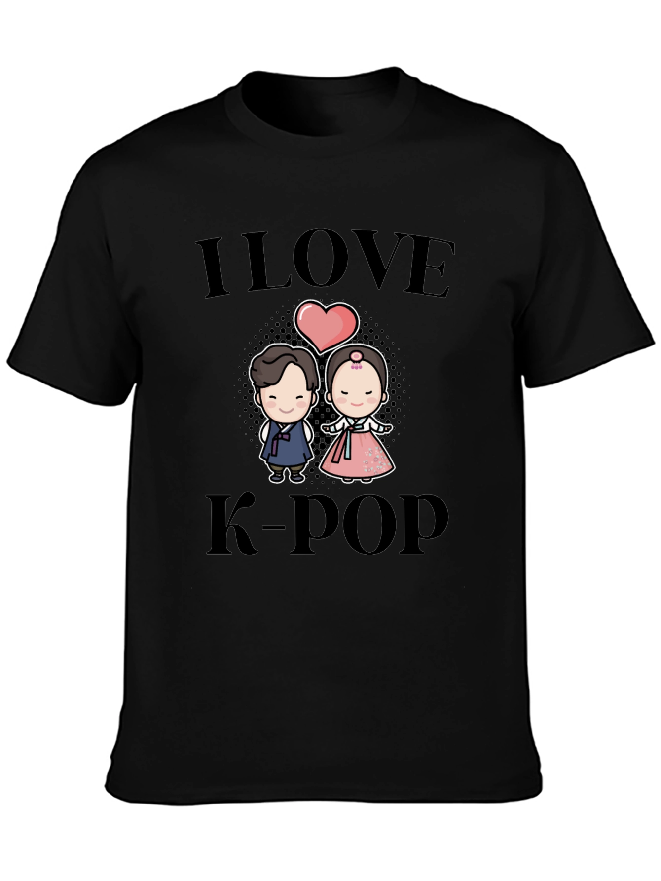 I Love K-Pop Cartoon Couple Black T-Shirt