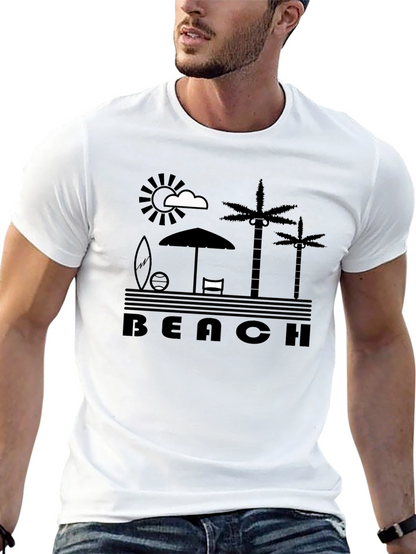 Beach Scene Graphic Tee - Black Cotton T-Shirt