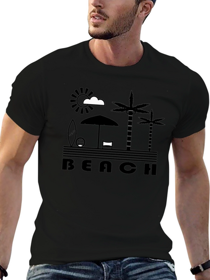 Beach Scene Graphic Tee - Black Cotton T-Shirt