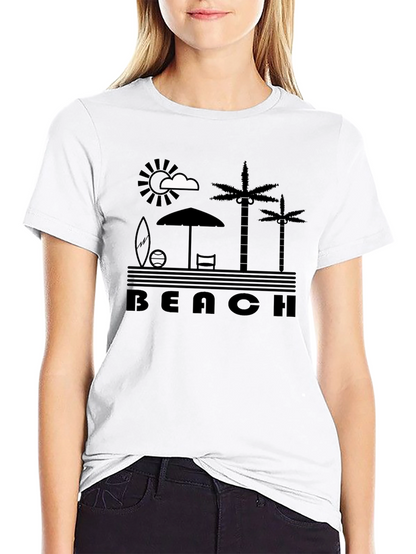 Beach Scene Graphic Tee - Black Cotton T-Shirt