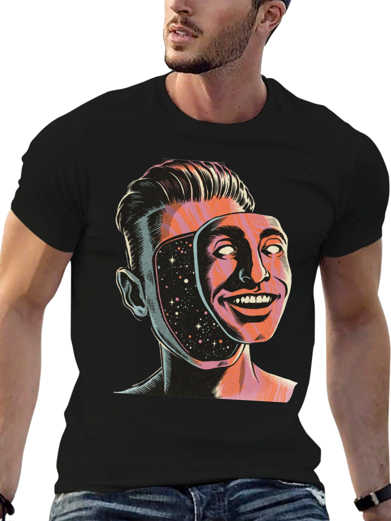 Surreal Man Face Mask Graphic Tee