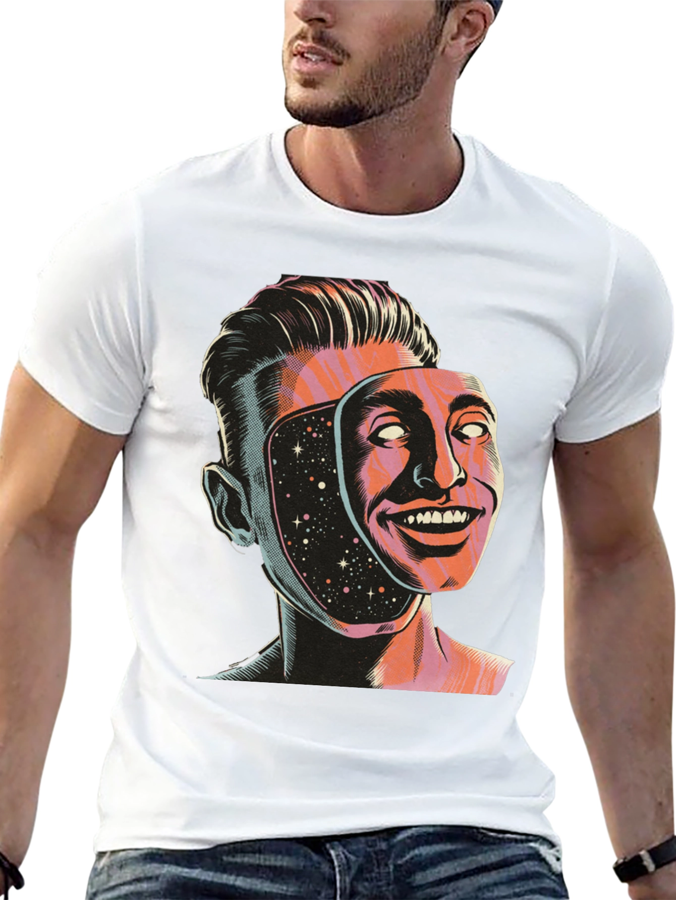 Surreal Man Face Mask Graphic Tee