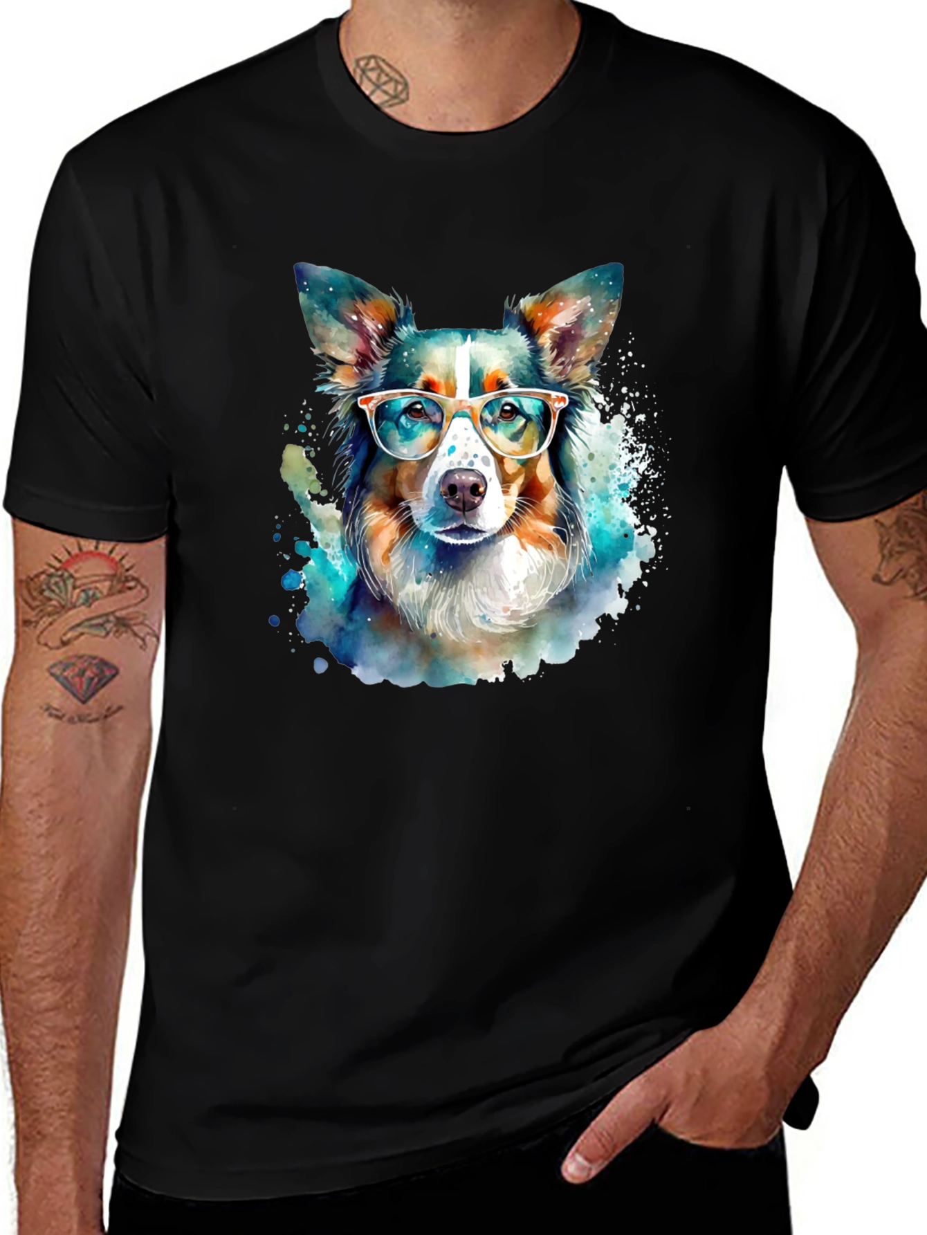 Dog with Glasses Black T-Shirt
