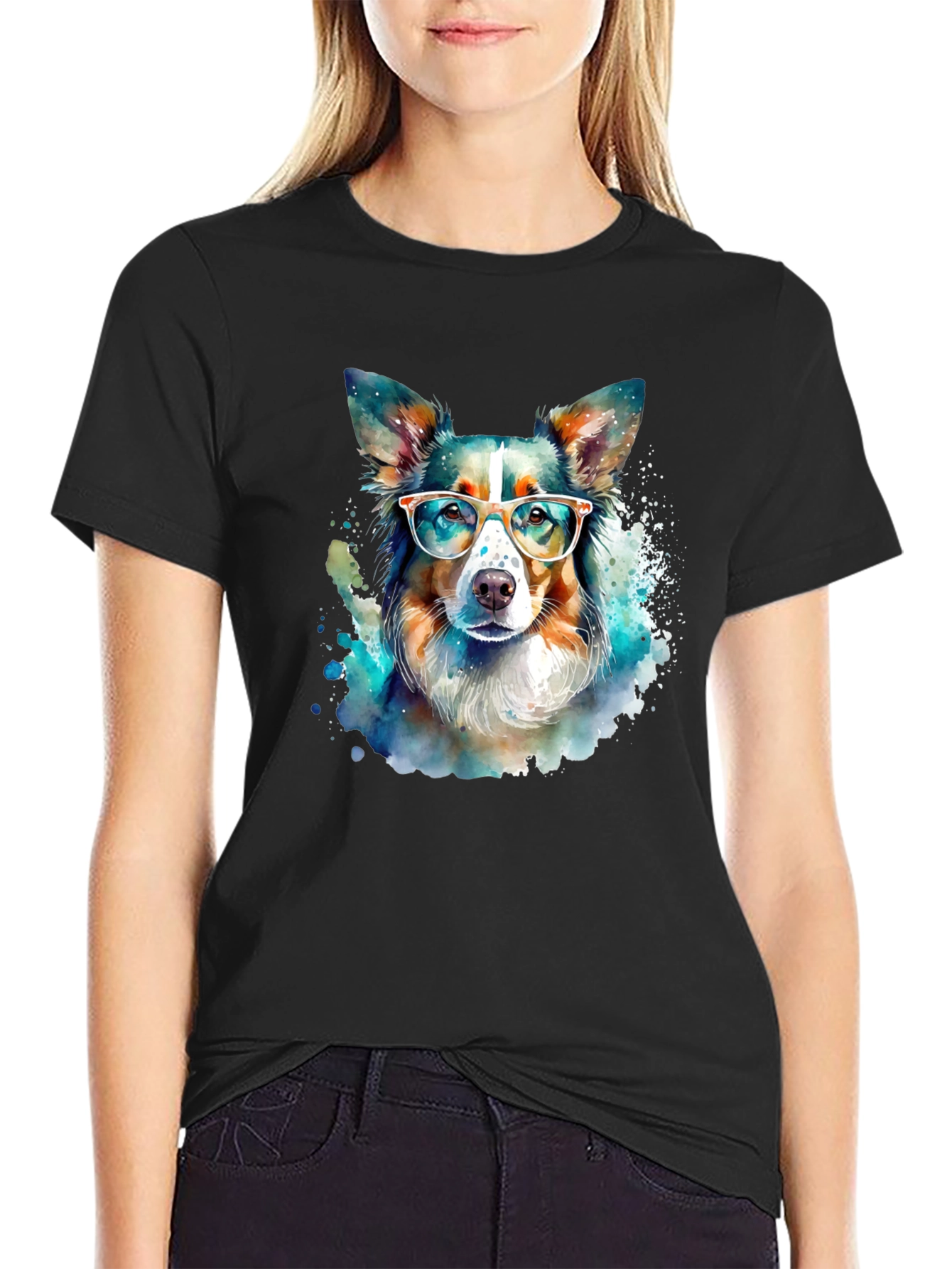 Dog with Glasses Black T-Shirt