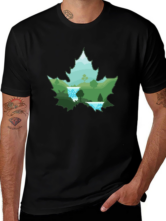 Nature Scene Maple Leaf Graphic Tee - Black