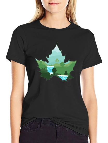 Nature Scene Maple Leaf Graphic Tee - Black