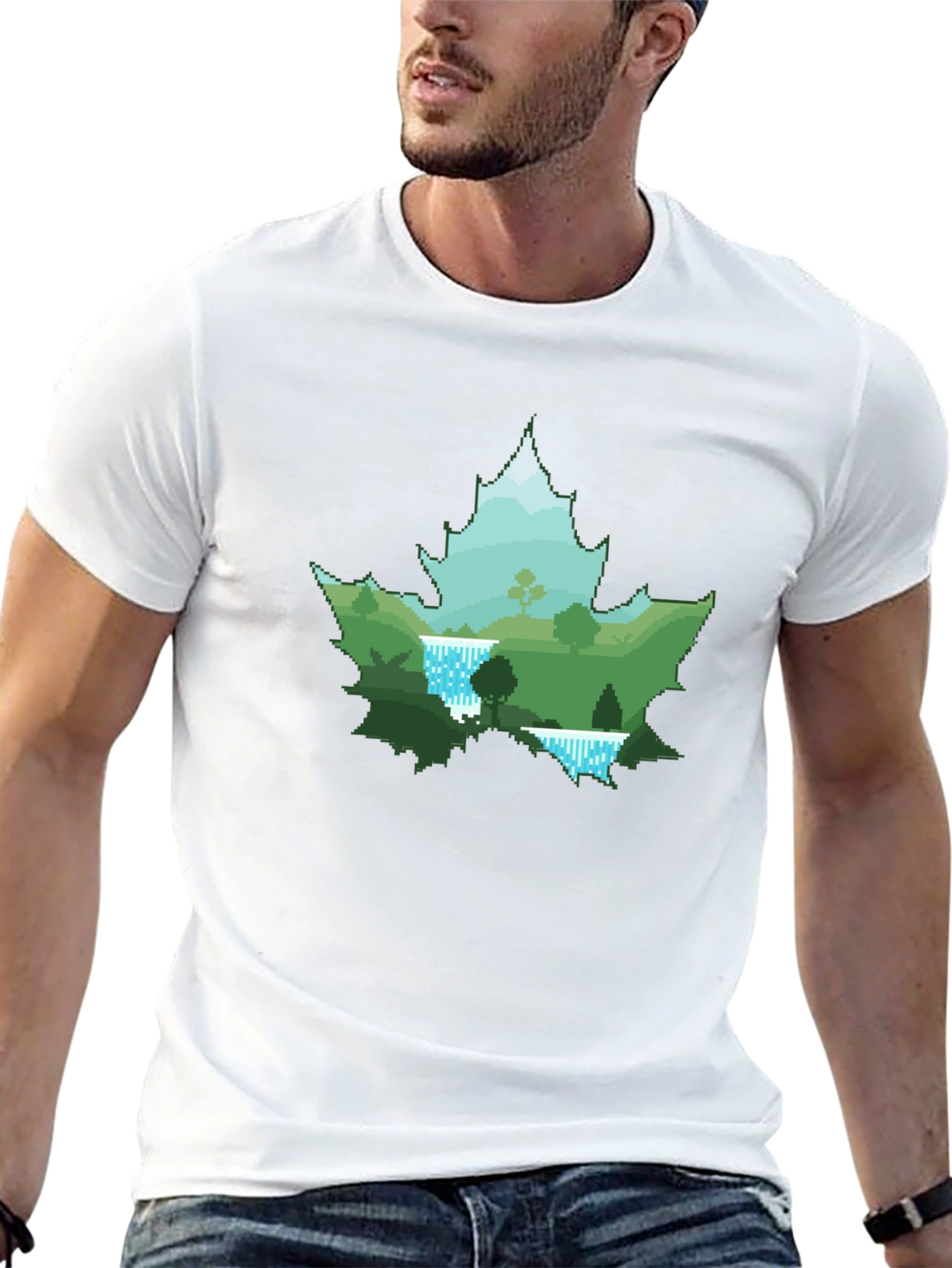Nature Scene Maple Leaf Graphic Tee - Black