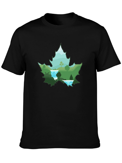 Nature Scene Maple Leaf Graphic Tee - Black