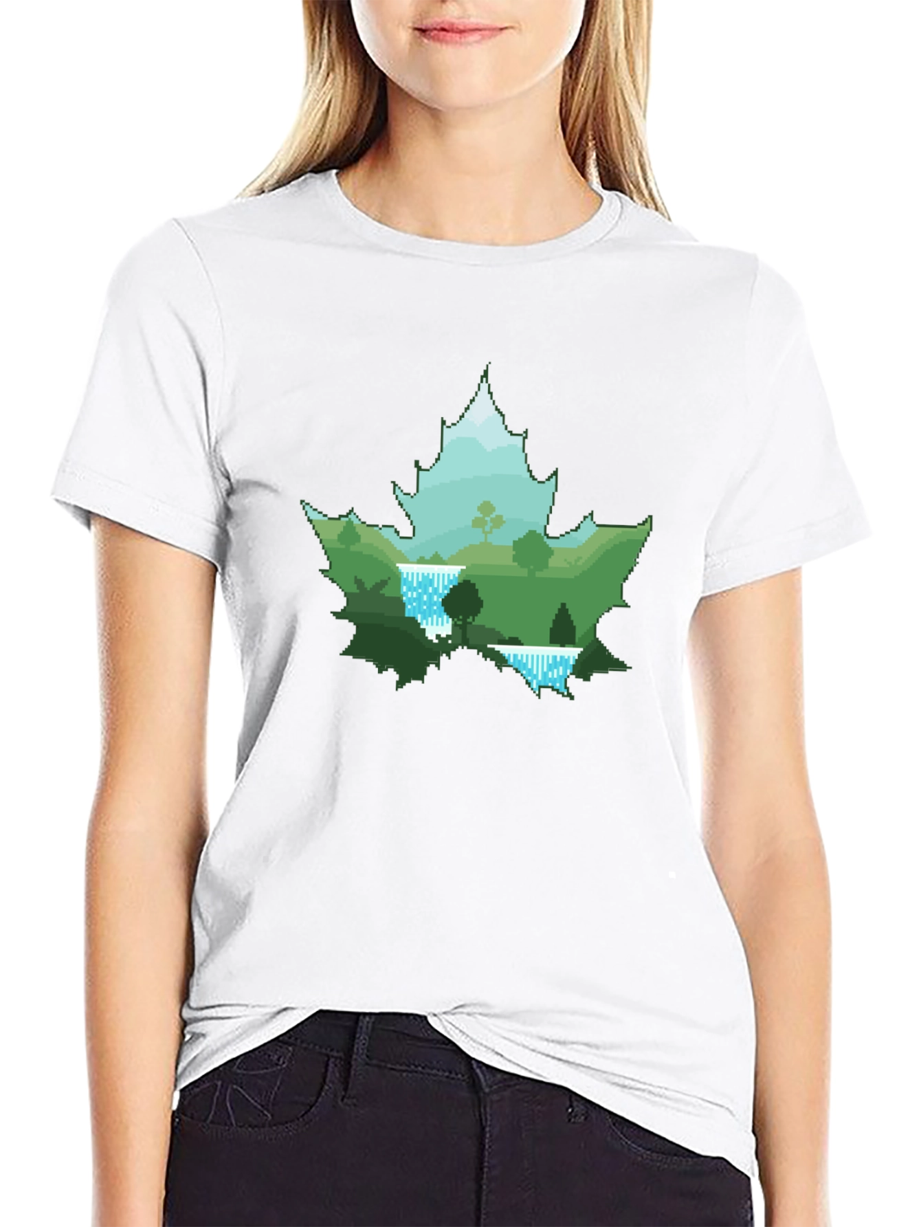 Nature Scene Maple Leaf Graphic Tee - Black