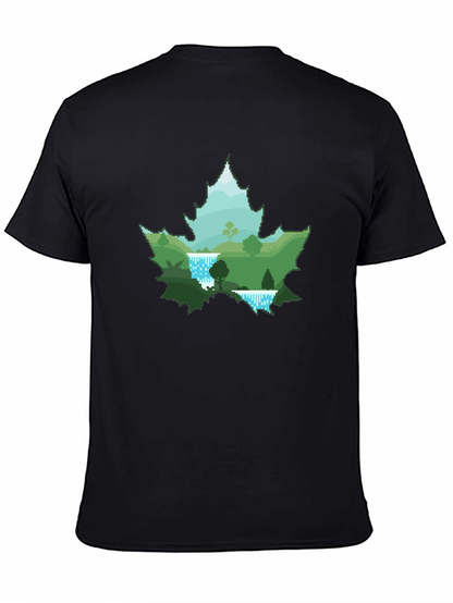 Nature Scene Maple Leaf Graphic Tee - Black