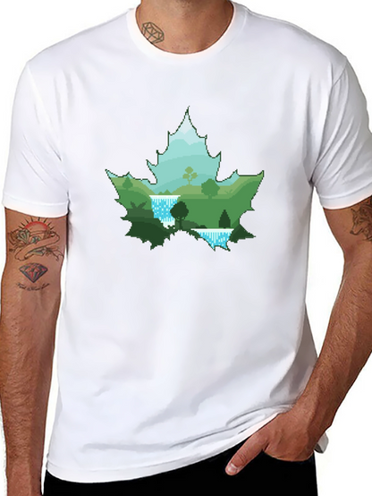 Nature Scene Maple Leaf Graphic Tee - Black