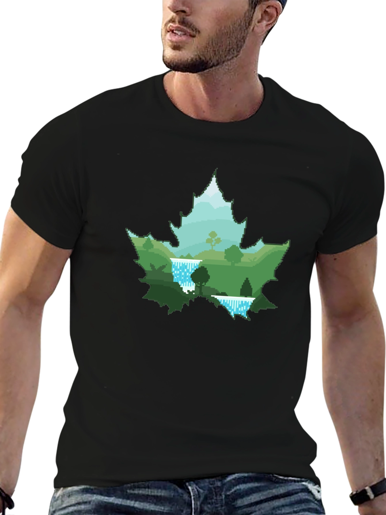Nature Scene Maple Leaf Graphic Tee - Black
