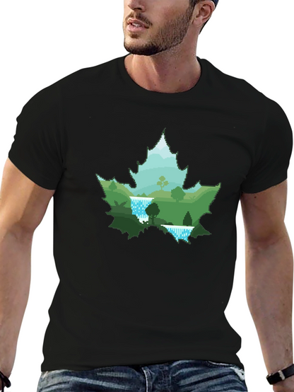 Nature Scene Maple Leaf Graphic Tee - Black