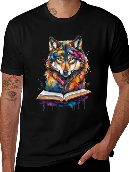 Wolf Reading Book Graphic T-Shirt - Colorful Design