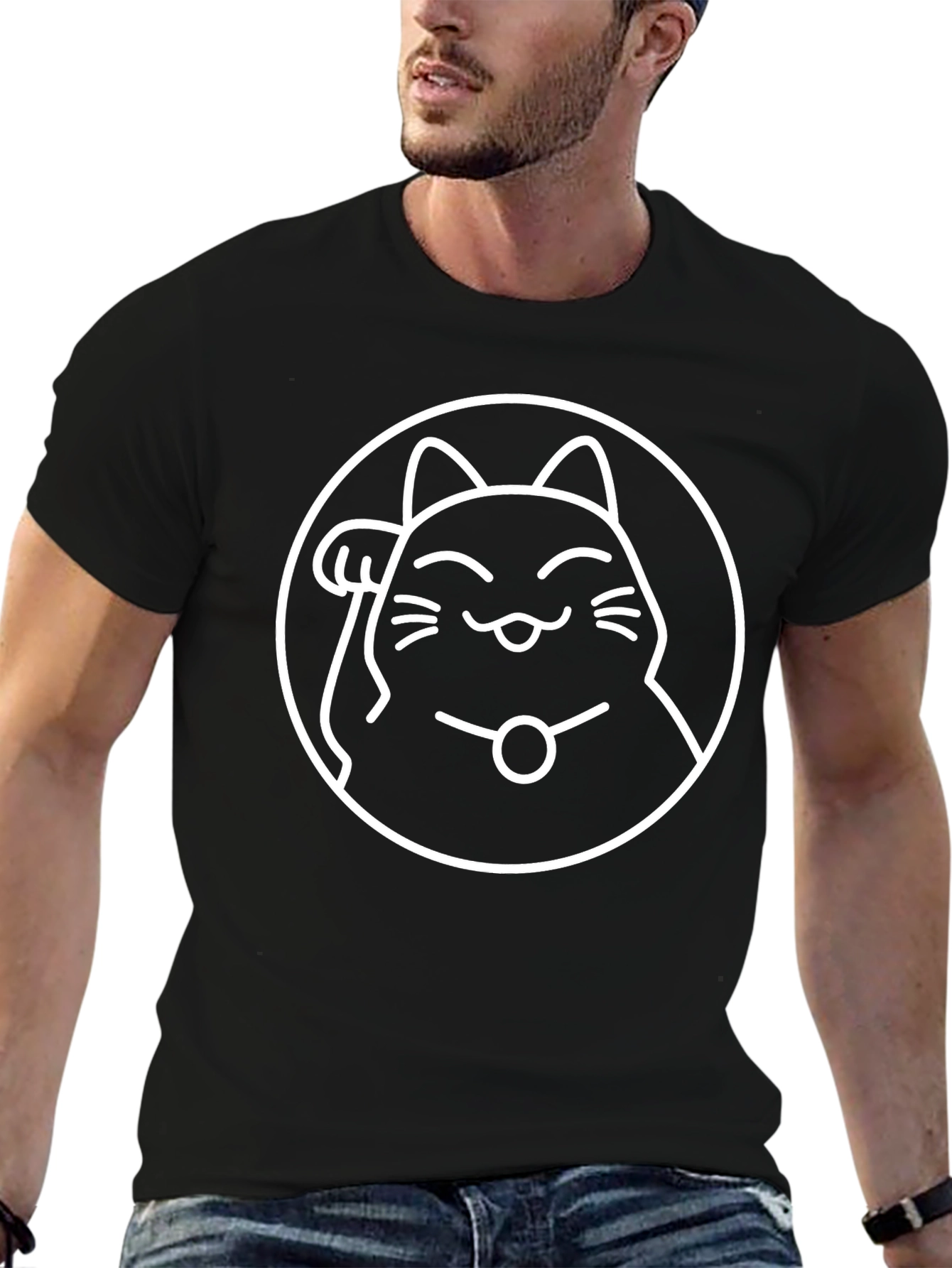 Lucky Cat Graphic Tee - Black Cotton T-Shirt