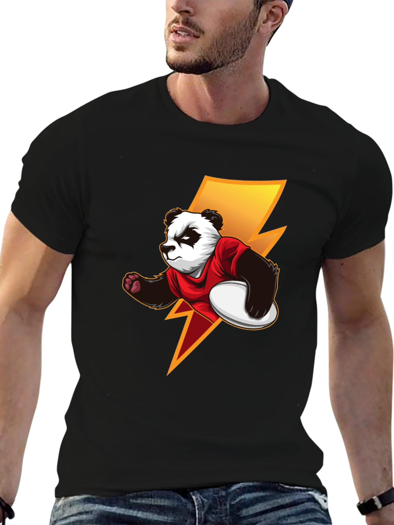 Panda Rugby Player Graphic T-Shirt - Black