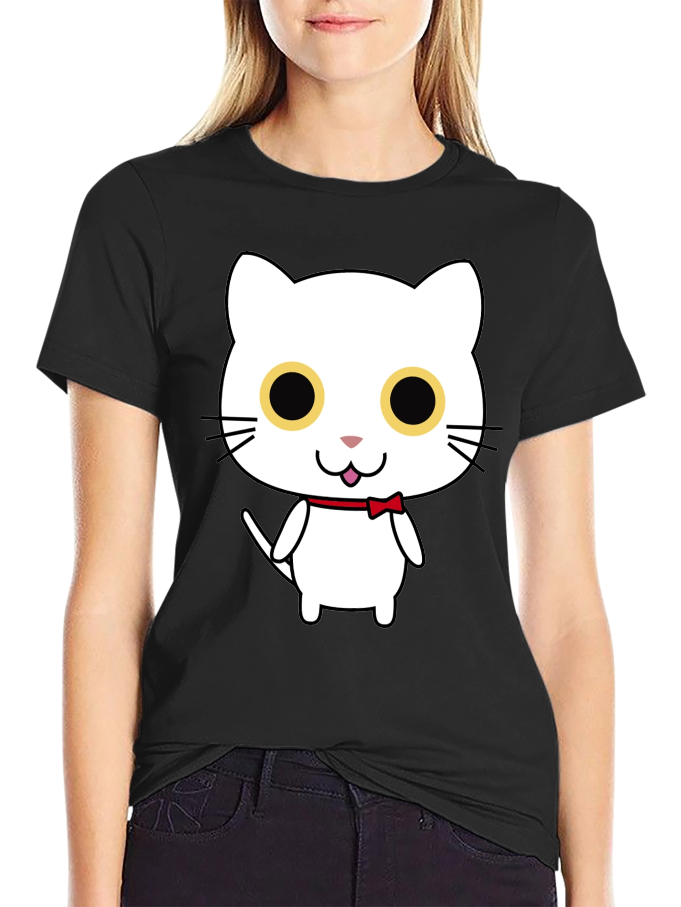 Cute Cartoon Cat Graphic Black T-Shirt