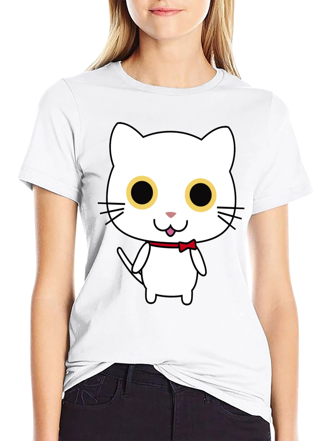 Cute Cartoon Cat Graphic Black T-Shirt