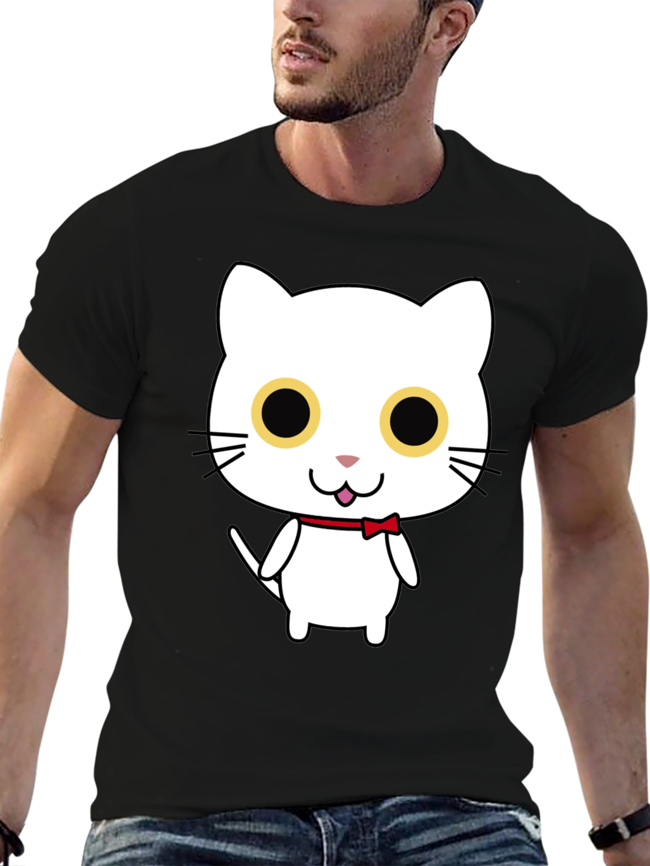 Cute Cartoon Cat Graphic Black T-Shirt