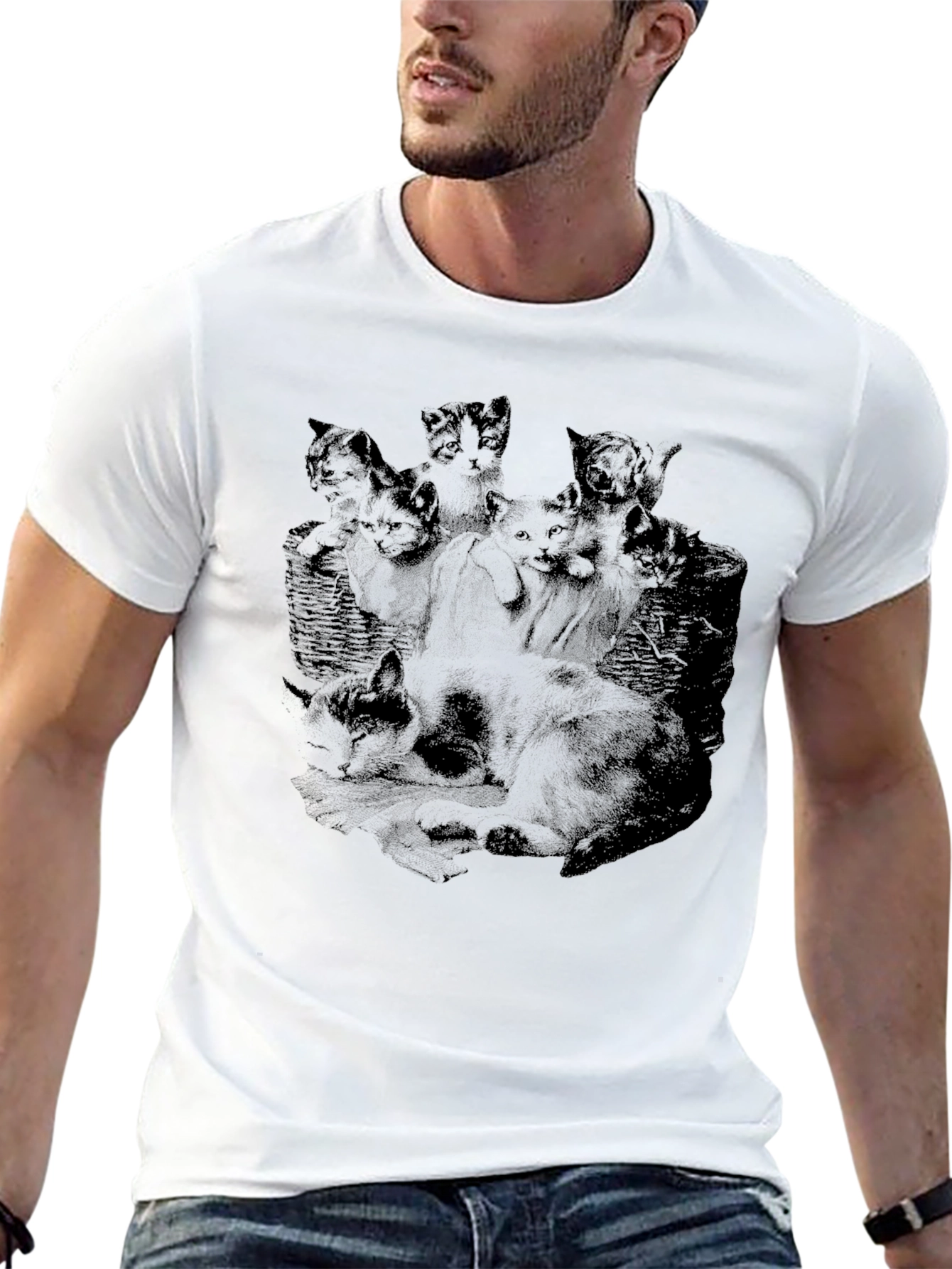 Mens Black Cat Print T-Shirt