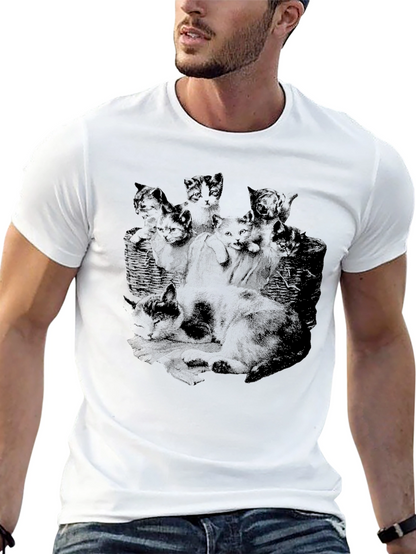 Mens Black Cat Print T-Shirt