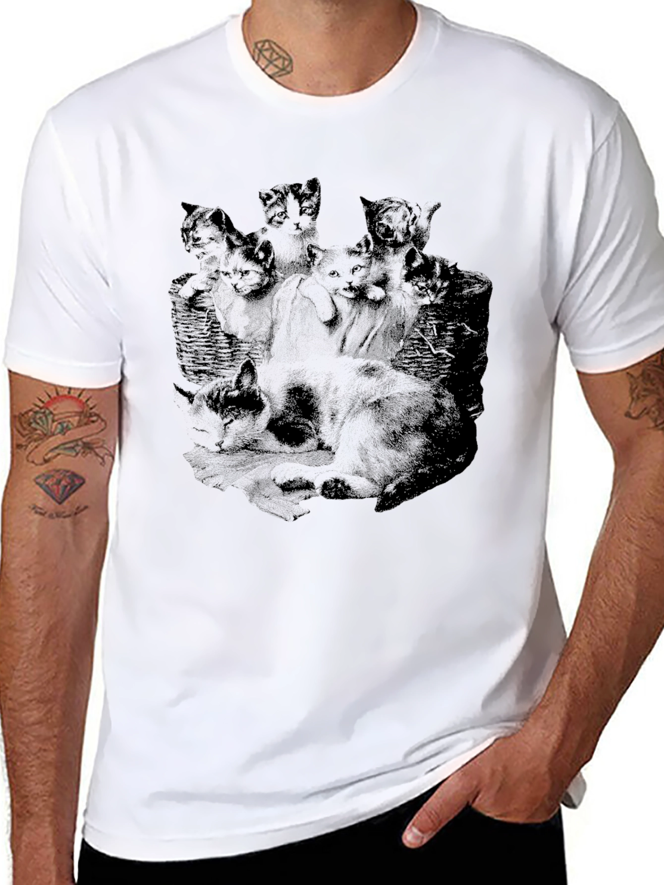 Mens Black Cat Print T-Shirt