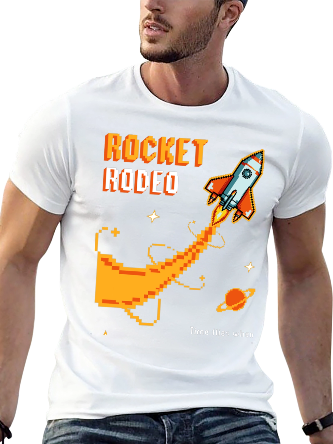 Rocket Rodeo Pixel Graphic Tee - Sci-Fi Style
