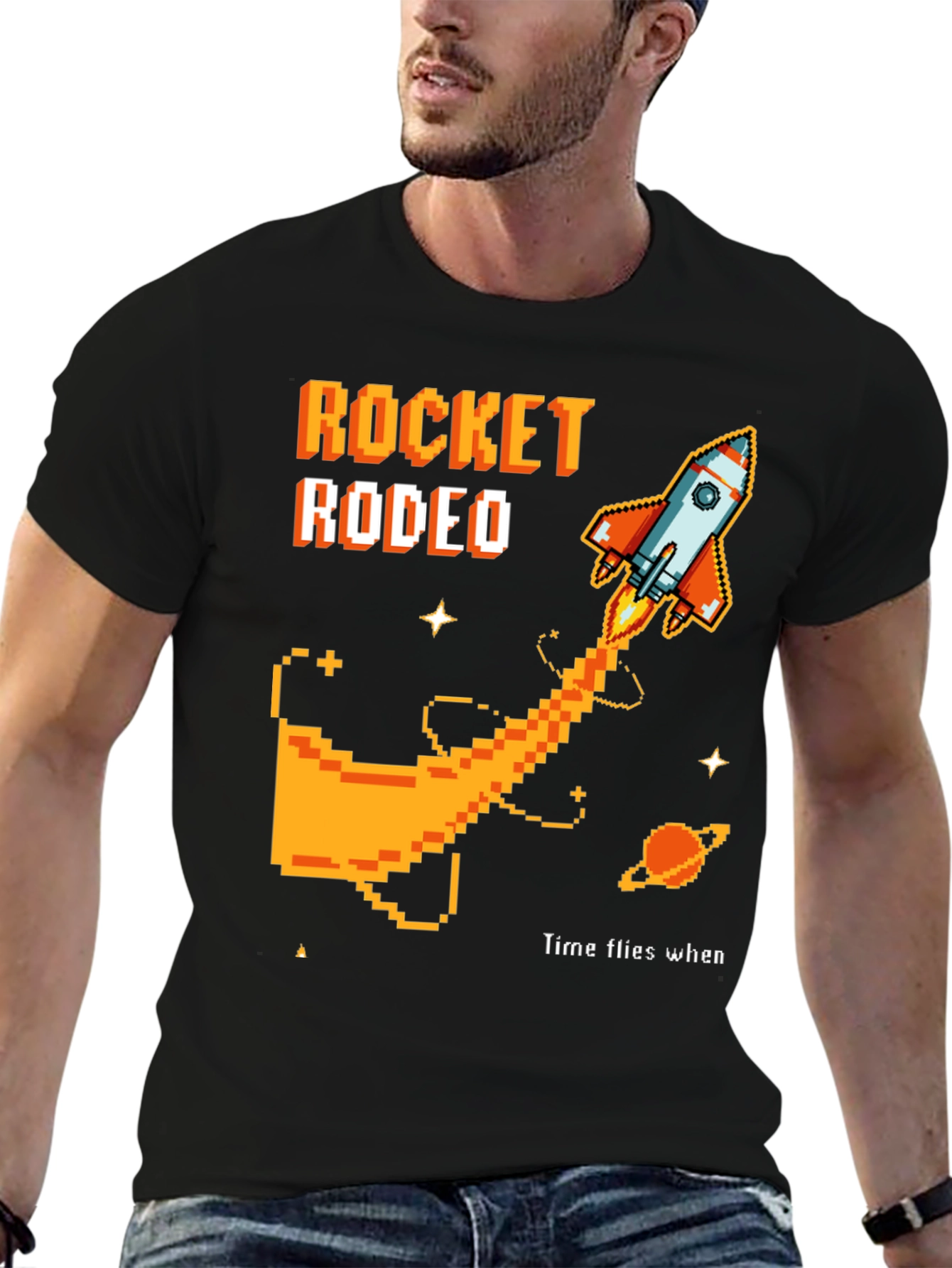 Rocket Rodeo Pixel Graphic Tee - Sci-Fi Style