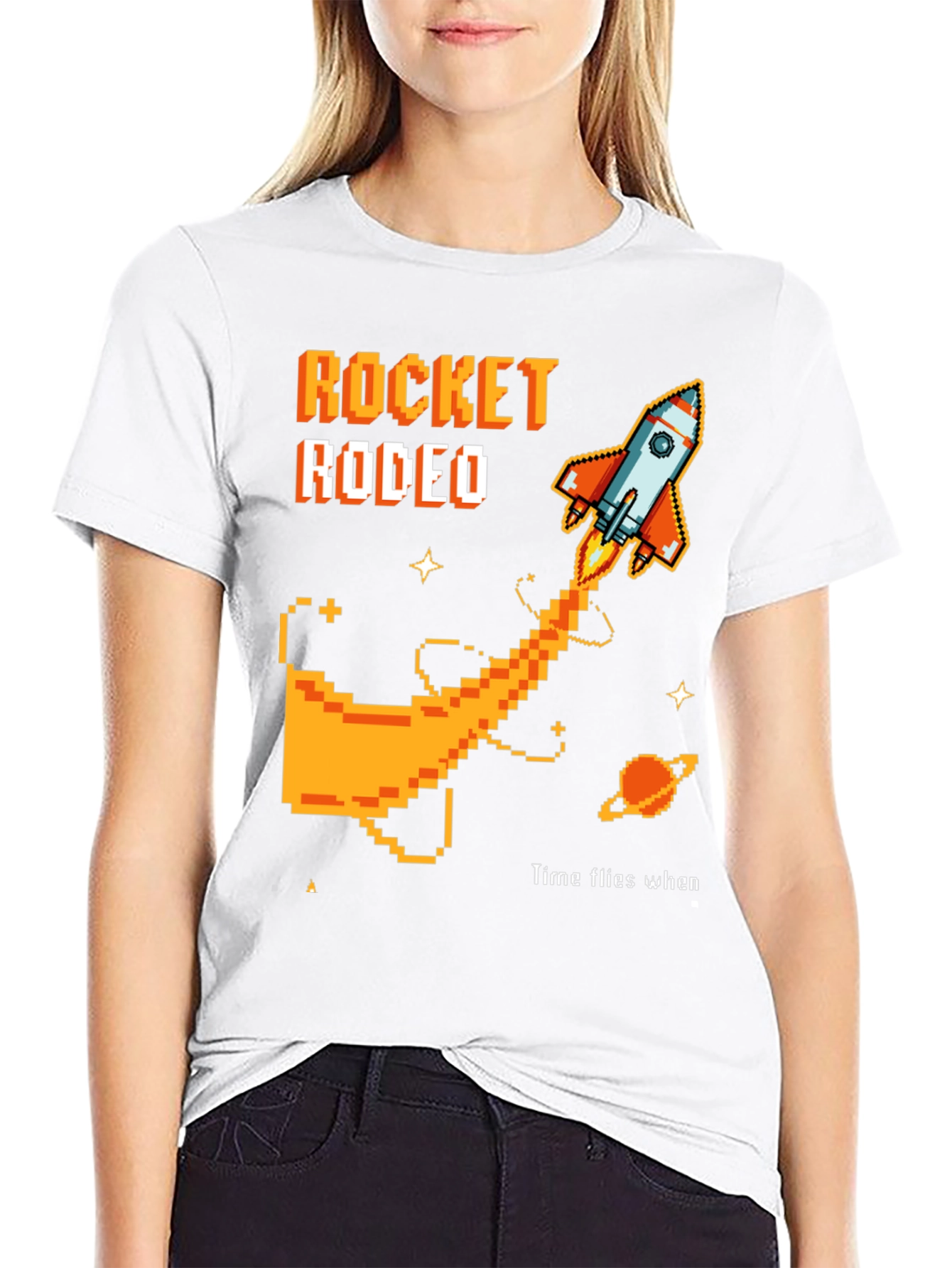 Rocket Rodeo Pixel Graphic Tee - Sci-Fi Style