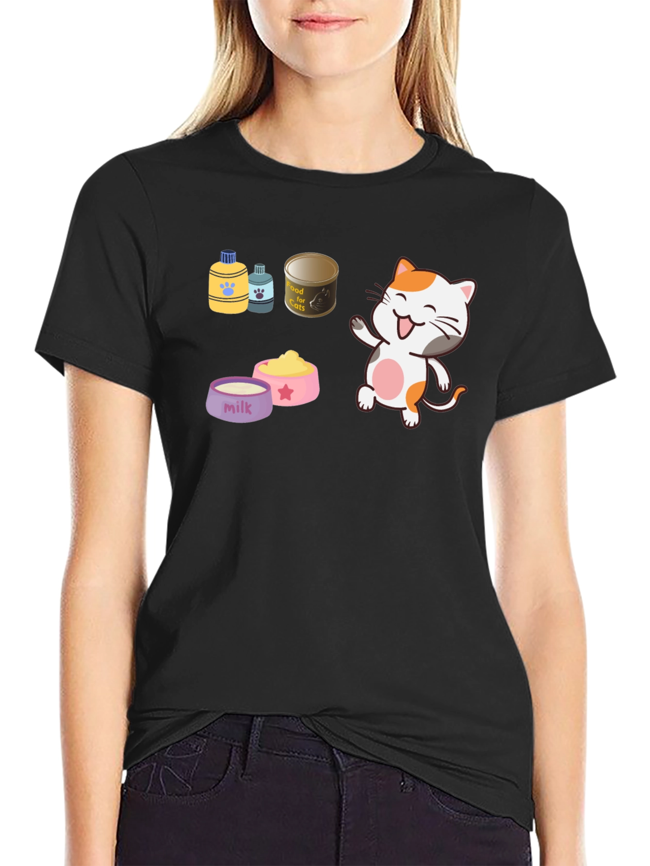 Cute Cartoon Cat Lover Black T-Shirt