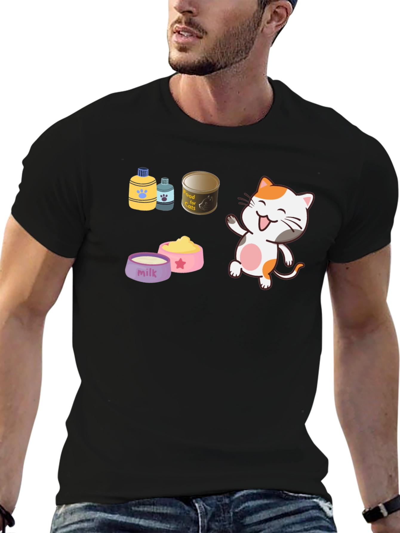 Cute Cartoon Cat Lover Black T-Shirt