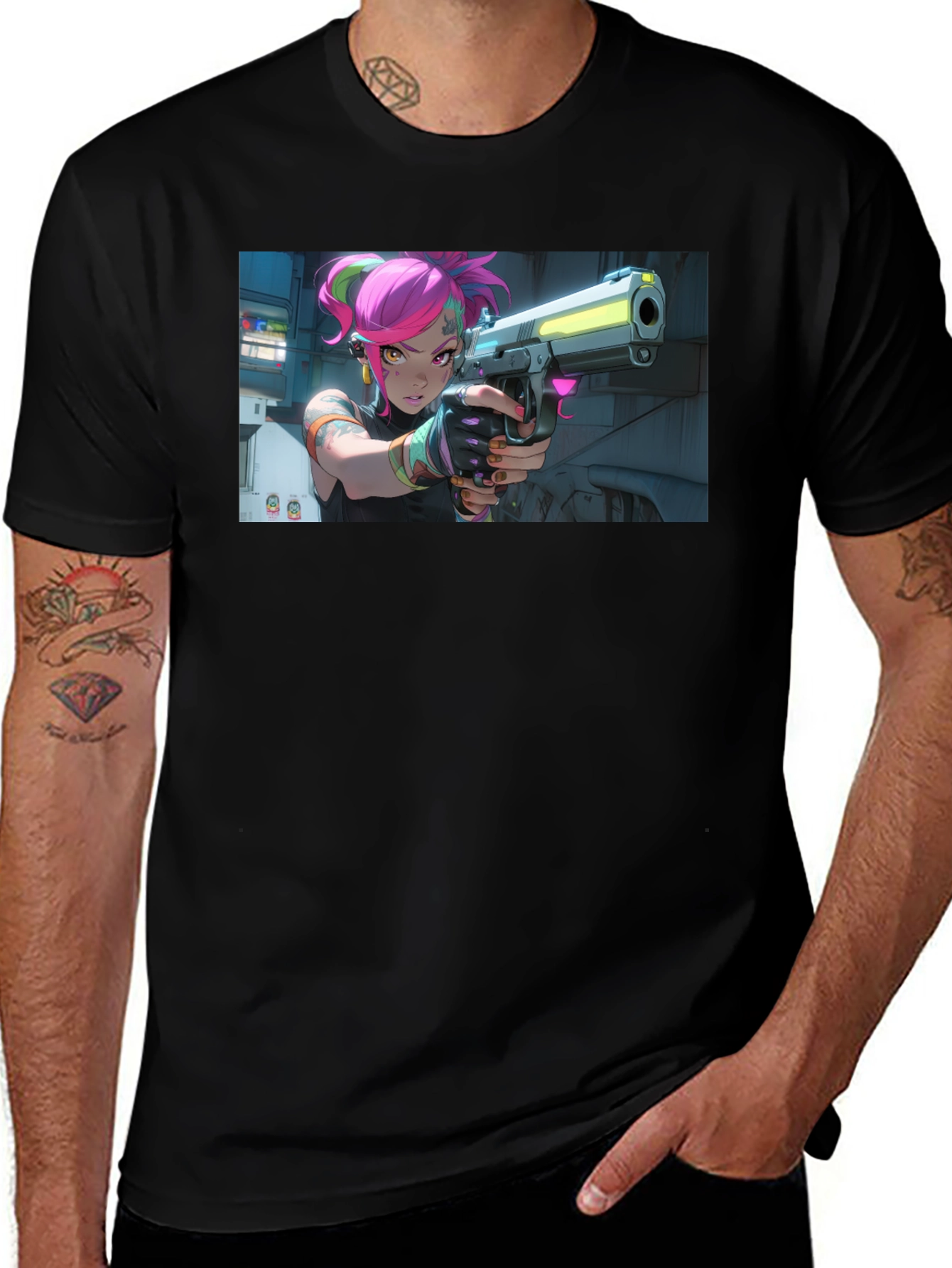 Neon Fury Tee: Edgy Graphic Print Black T-Shirt