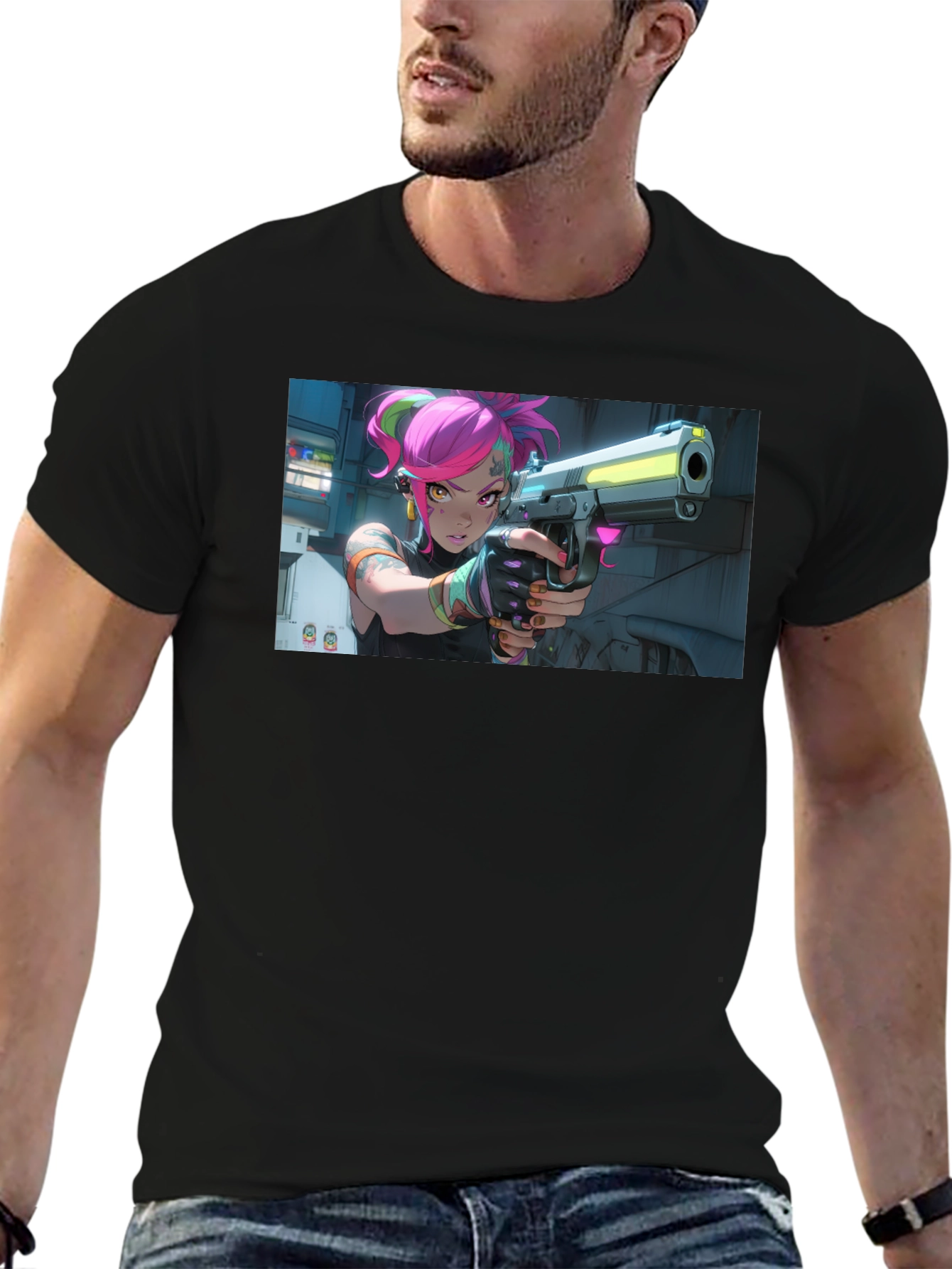 Neon Fury Tee: Edgy Graphic Print Black T-Shirt