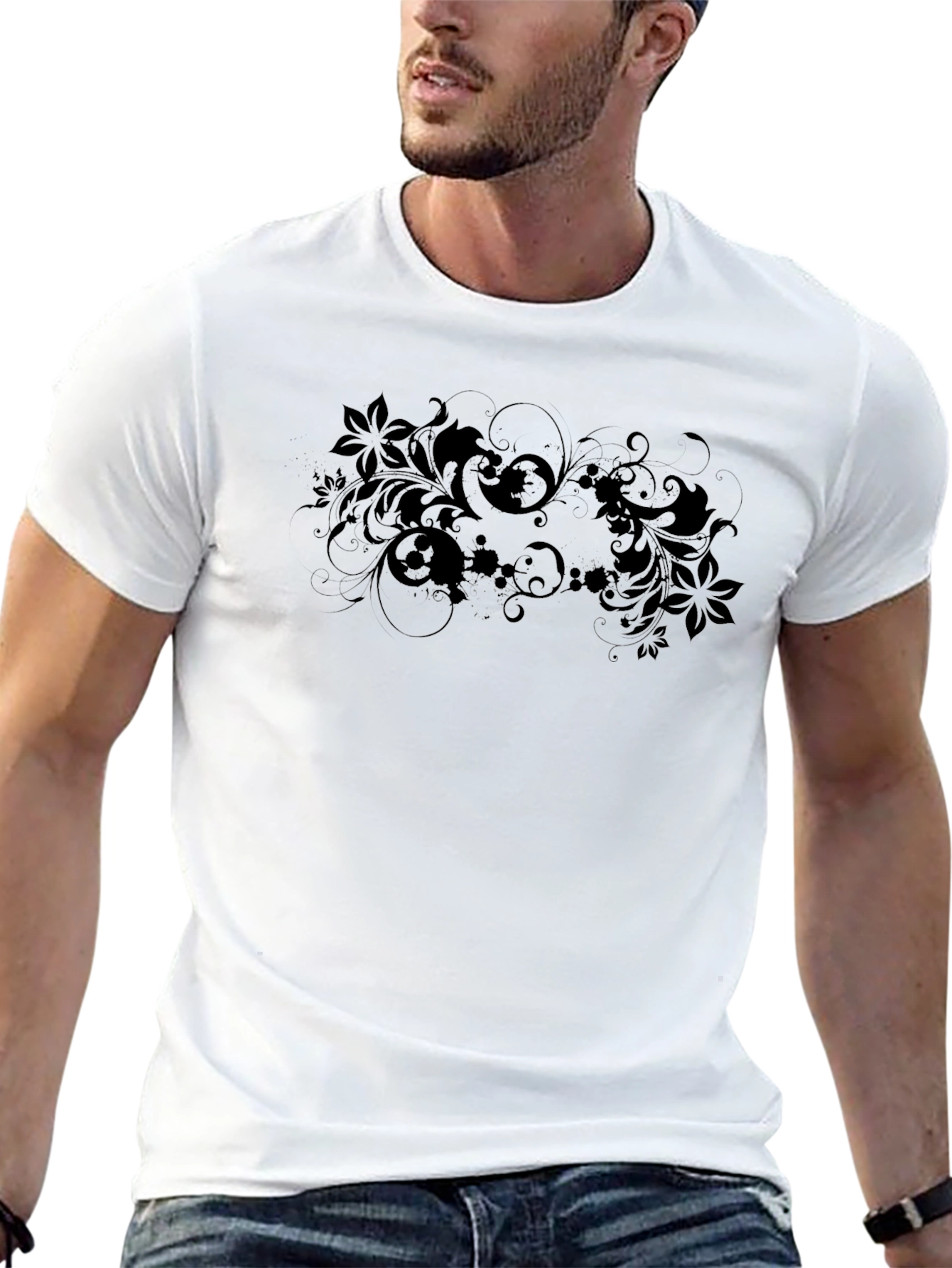 Elegant Floral Graphic Black T-Shirt